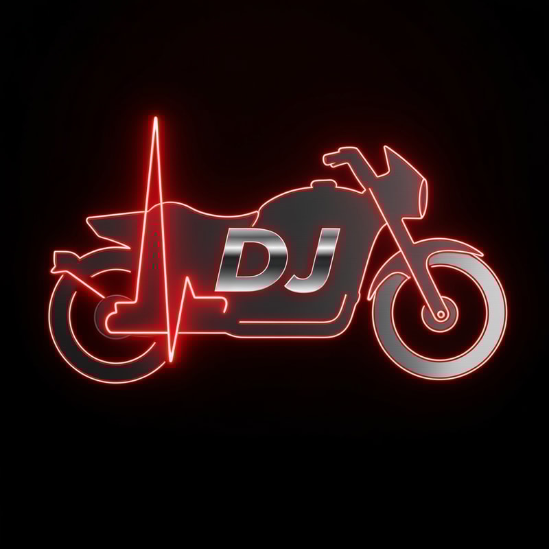 A glowing heartbeat line forms the shape of a motorbike with “DJ” embedded in it, symbolizing the thrill and energy of biking. Use red and black tones with metallic highlights.