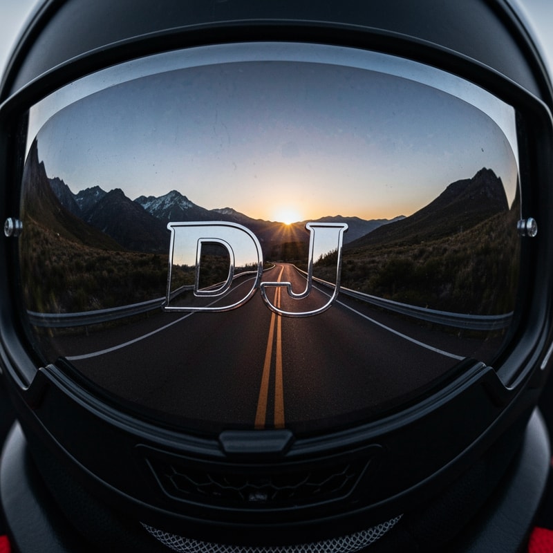 Show a helmet visor reflection where “DJ” appears in chrome, with mountain roads and sunset seen inside the visor. Bold, cinematic, and adventurous.