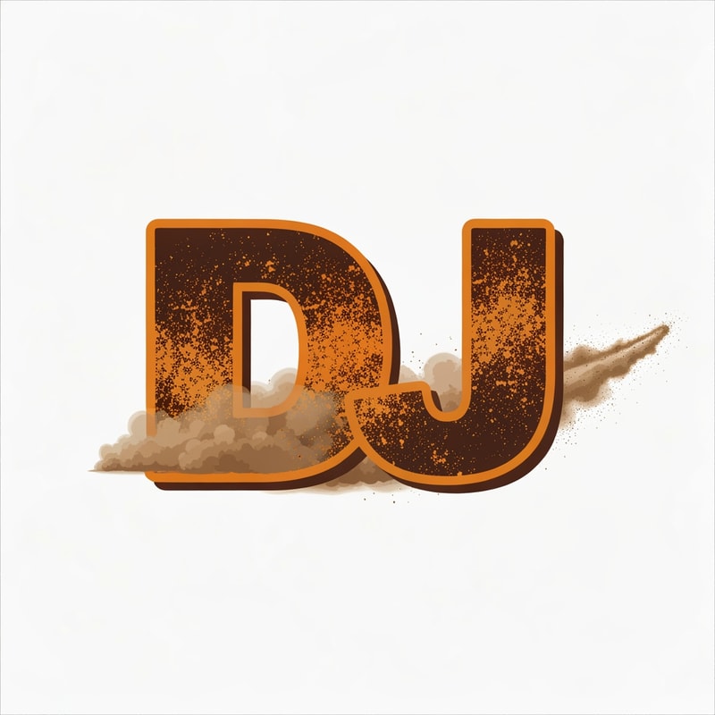 “DJ” written in bold, rough-textured font with a dust trail flying off it, as if a dirt bike just accelerated past. Brown, orange, and grey theme.