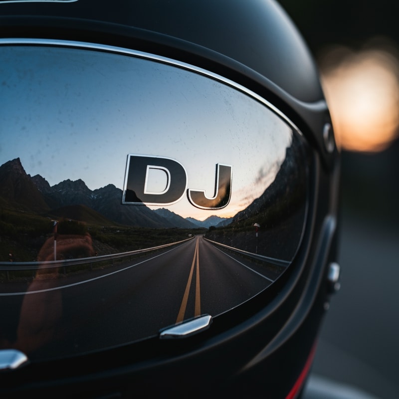 Show a helmet visor reflection where “DJ” appears in chrome, with mountain roads and sunset seen inside the visor. Bold, cinematic, and adventurous.