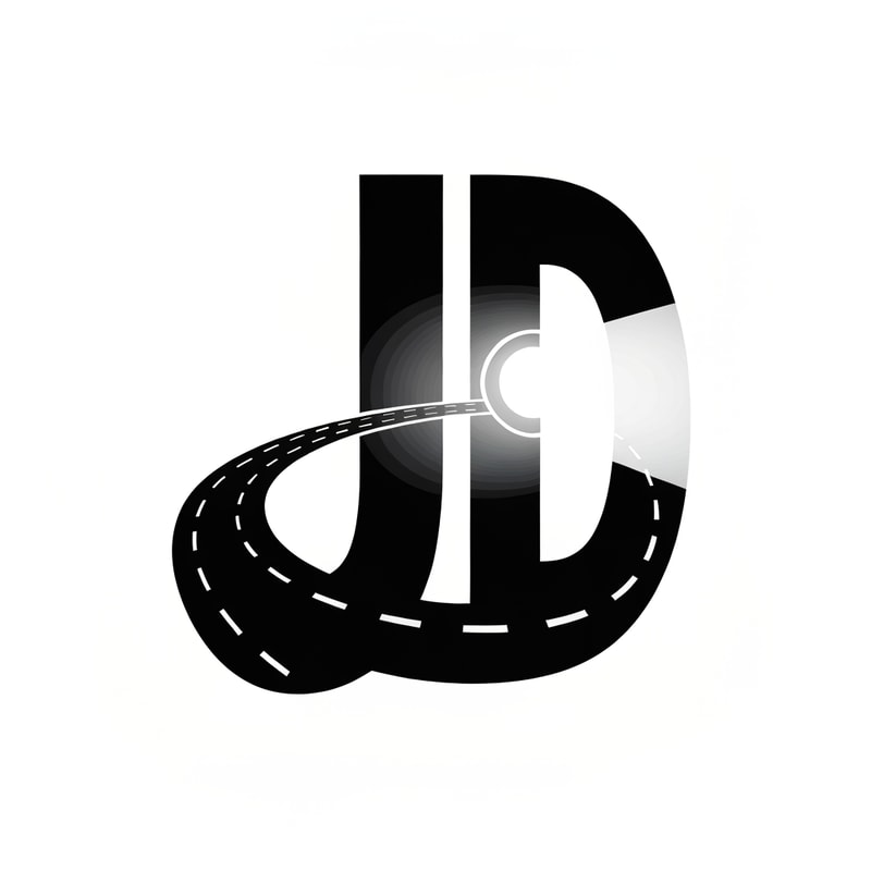 The letter “J” forms a curved road fading into distance with dashed white lines. Behind it, “D” shaped like a bike’s front headlight beam.