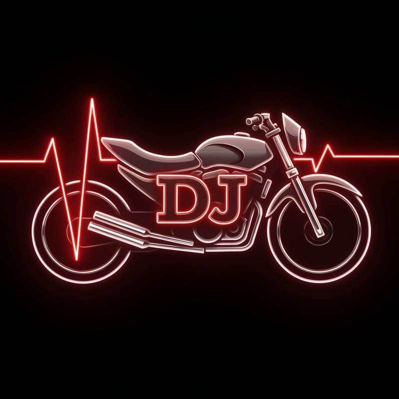A glowing heartbeat line forms the shape of a motorbike with “DJ” embedded in it, symbolizing the thrill and energy of biking. Use red and black tones with metallic highlights.