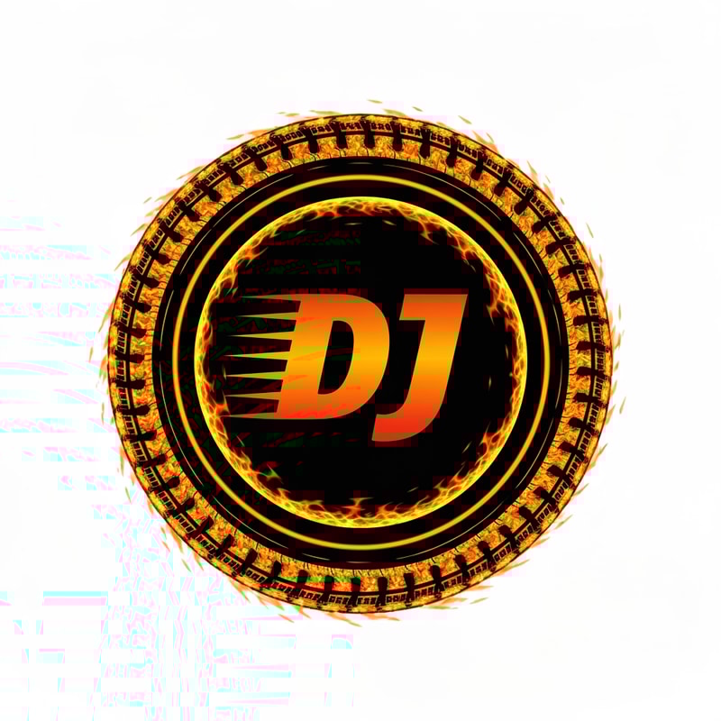A flaming tire outline forms the circular frame of the logo. “DJ” sits inside with dynamic motion blur. Colors: fiery orange, black, and grey.