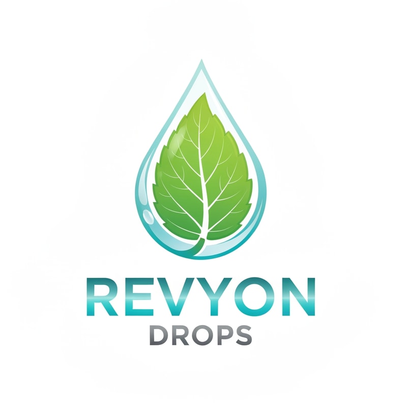Design a sleek, modern logo where a water droplet merges seamlessly with a delicate green leaf. Inside the droplet, soft vein lines suggest vitality and natural minerals. The text “Revyon Drops” appears below in smooth sans-serif font with metallic aqua and silver gradient, evoking health, purity, and elegance.