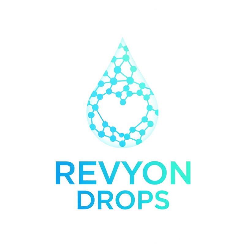 Create a futuristic logo showing a glowing droplet made of small interconnected molecular dots. The molecules subtly form the shape of a heart inside, representing health. Beneath, “Revyon Drops” in bold geometric font with gradient from sky blue to turquoise, balanced and minimal on a white background.