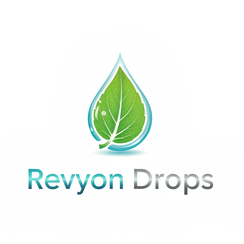 Design a sleek, modern logo where a water droplet merges seamlessly with a delicate green leaf. Inside the droplet, soft vein lines suggest vitality and natural minerals. The text “Revyon Drops” appears below in smooth sans-serif font with metallic aqua and silver gradient, evoking health, purity, and elegance.
