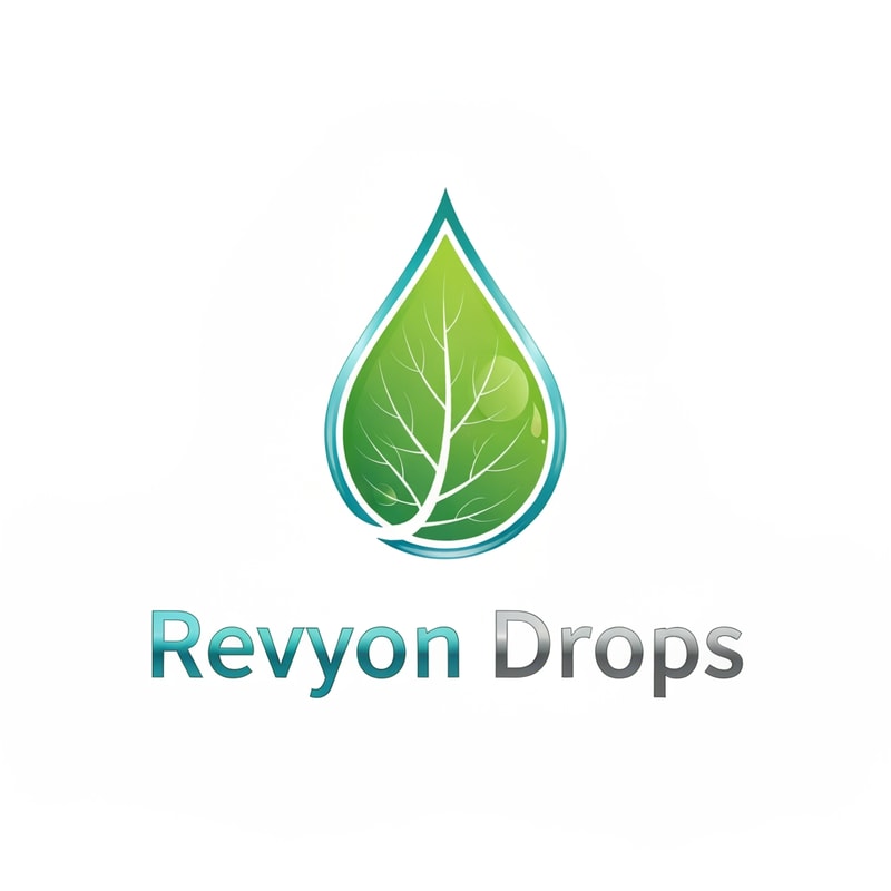 Design a sleek, modern logo where a water droplet merges seamlessly with a delicate green leaf. Inside the droplet, soft vein lines suggest vitality and natural minerals. The text “Revyon Drops” appears below in smooth sans-serif font with metallic aqua and silver gradient, evoking health, purity, and elegance.