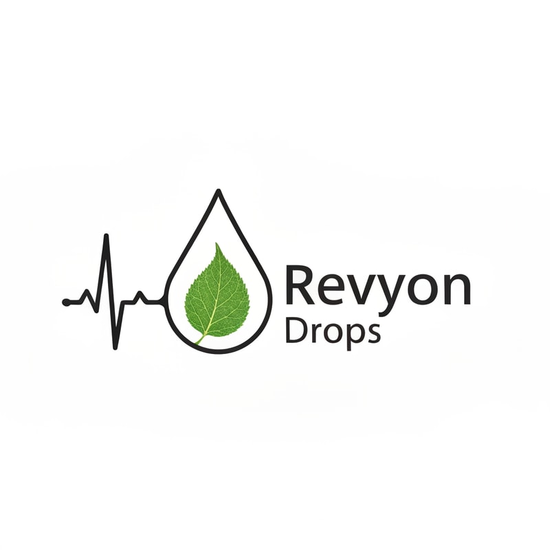 A stylized ECG heartbeat line transitions into the outline of a droplet. Inside it, a faint leaf texture blends with flowing lines. “Revyon Drops” appears right-aligned, with the word “Drops” smaller and spaced out elegantly. The theme reflects wellness and natural rhythm.