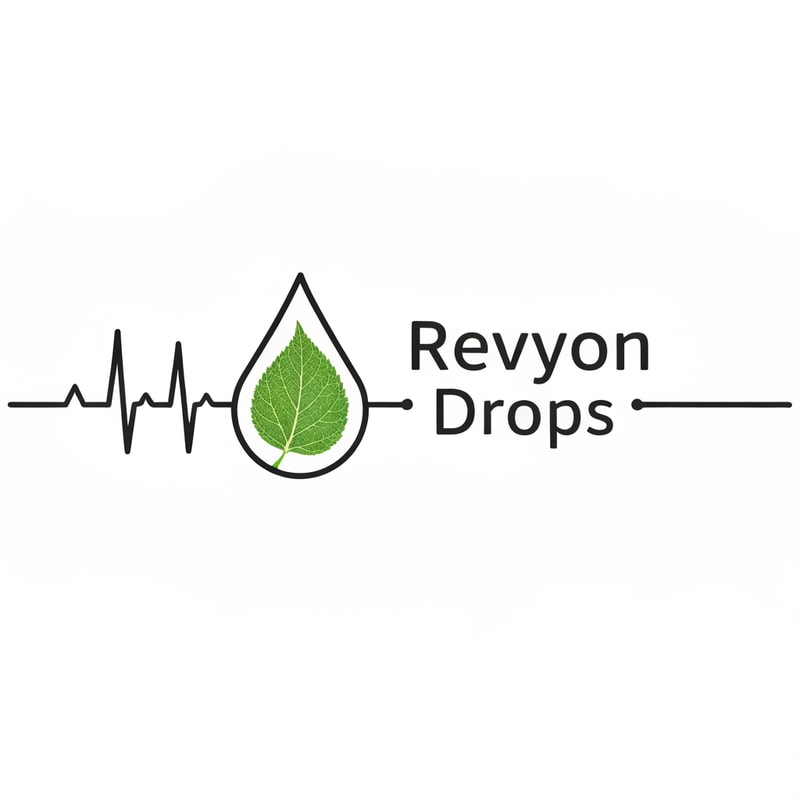 A stylized ECG heartbeat line transitions into the outline of a droplet. Inside it, a faint leaf texture blends with flowing lines. “Revyon Drops” appears right-aligned, with the word “Drops” smaller and spaced out elegantly. The theme reflects wellness and natural rhythm.