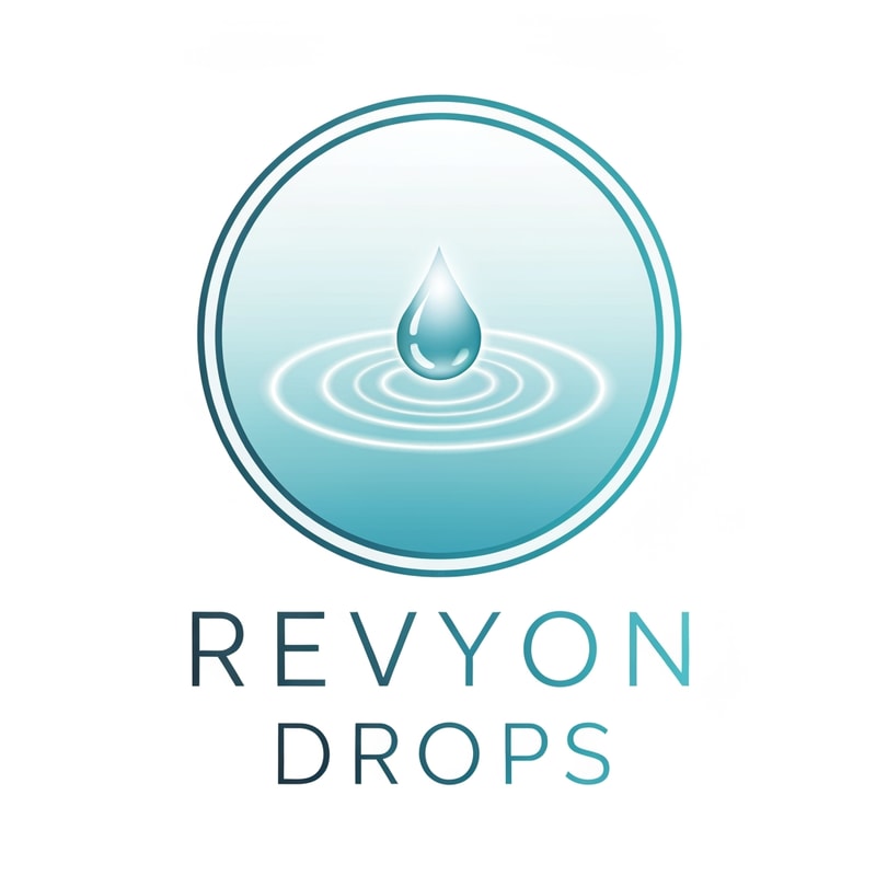 Show a circular emblem symbolizing continuous hydration. Inside, a central droplet emits soft glowing rings like ripples in water. The text “Revyon Drops” sits below in thin uppercase letters with a clean silver-aqua gradient. The look should feel calm, medical-grade, and premium.
