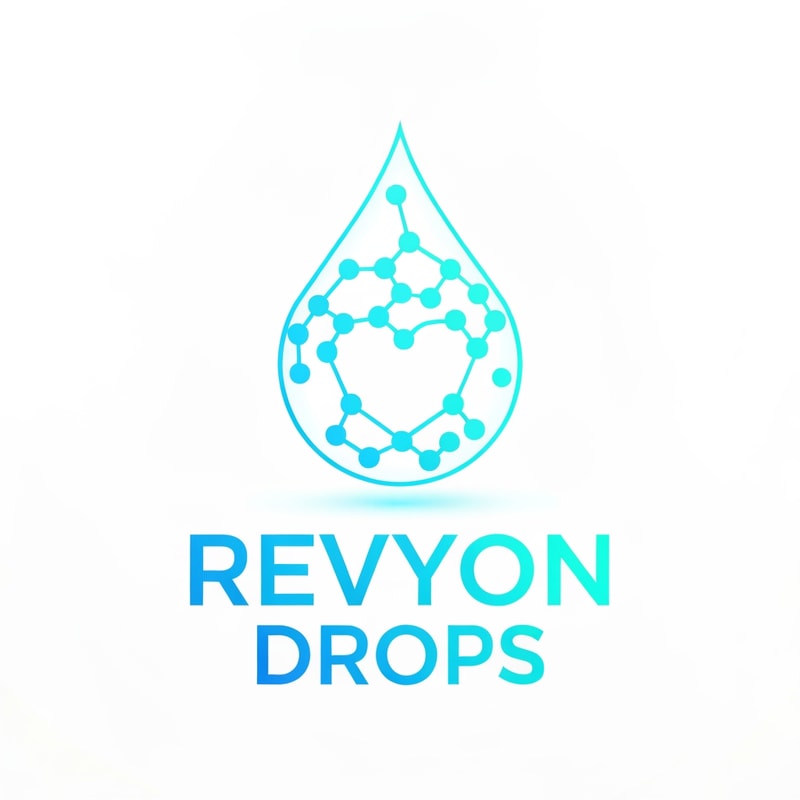 Create a futuristic logo showing a glowing droplet made of small interconnected molecular dots. The molecules subtly form the shape of a heart inside, representing health. Beneath, “Revyon Drops” in bold geometric font with gradient from sky blue to turquoise, balanced and minimal on a white background.
