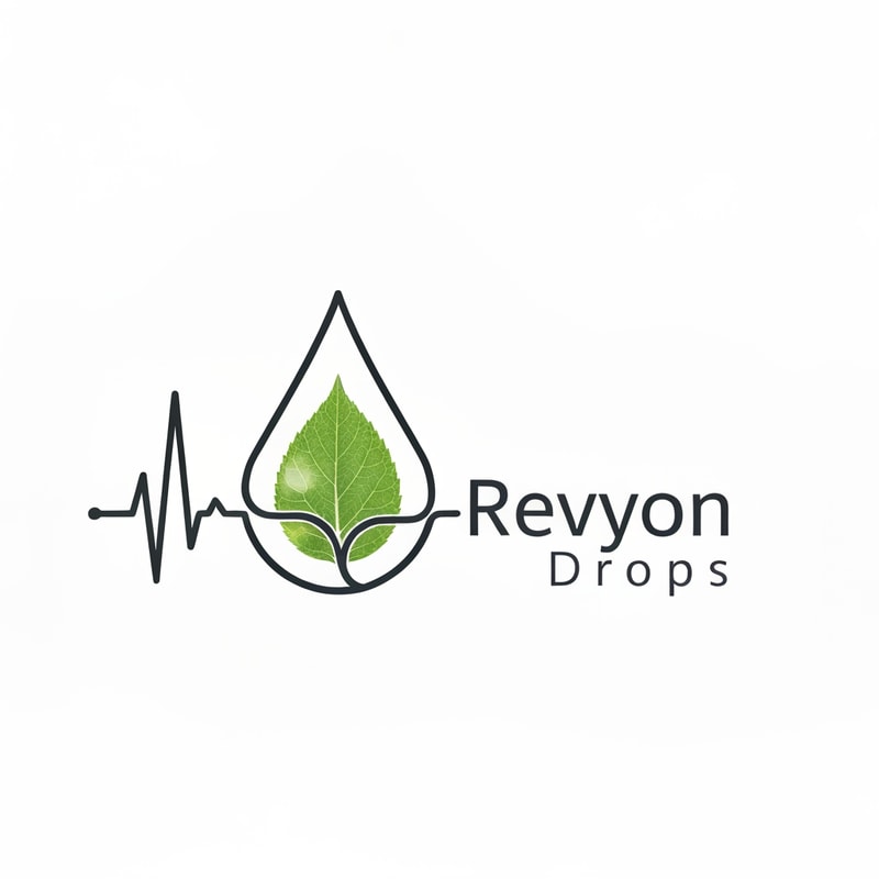 A stylized ECG heartbeat line transitions into the outline of a droplet. Inside it, a faint leaf texture blends with flowing lines. “Revyon Drops” appears right-aligned, with the word “Drops” smaller and spaced out elegantly. The theme reflects wellness and natural rhythm.