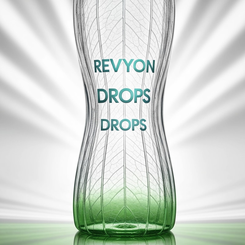 A sleek transparent bottle with a gentle hourglass curve and embossed leaf veins running vertically inside the plastic texture. The logo “Revyon Drops” floats in metallic aqua gradient letters at the center. The background shows soft white studio lighting with reflections emphasizing freshness and sustainability. Minimal green tint near the base symbolizes natural minerals.