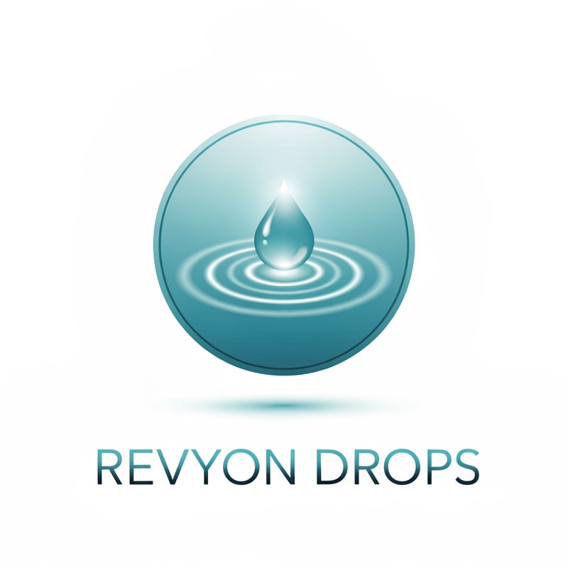 Show a circular emblem symbolizing continuous hydration. Inside, a central droplet emits soft glowing rings like ripples in water. The text “Revyon Drops” sits below in thin uppercase letters with a clean silver-aqua gradient. The look should feel calm, medical-grade, and premium.