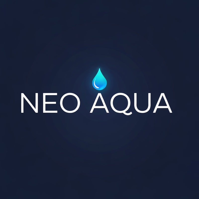 Design a sleek, modern logo where the name “NEO AQUA” reflects futuristic purity. Use smooth sans-serif typography with clean spacing. Integrate a glowing aqua-blue droplet above or within the O, representing advanced filtration and clarity. The color palette should combine deep navy (#042A4A) with bright aqua gradients (#3FD5F5) for a crisp, premium feel. Style must suggest innovation and trust.