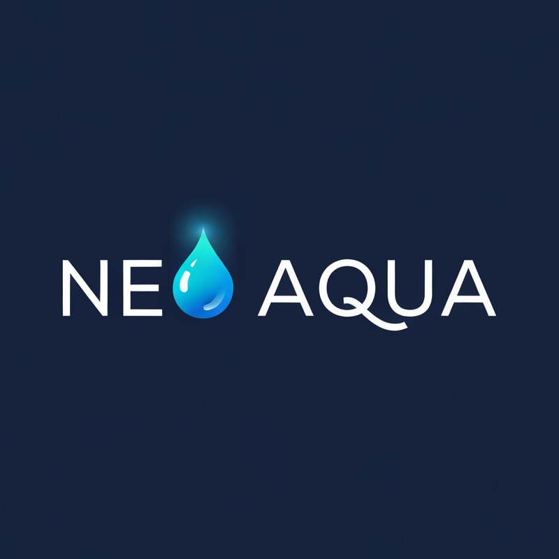 Design a sleek, modern logo where the name “NEO AQUA” reflects futuristic purity. Use smooth sans-serif typography with clean spacing. Integrate a glowing aqua-blue droplet above or within the O, representing advanced filtration and clarity. The color palette should combine deep navy (#042A4A) with bright aqua gradients (#3FD5F5) for a crisp, premium feel. Style must suggest innovation and trust.