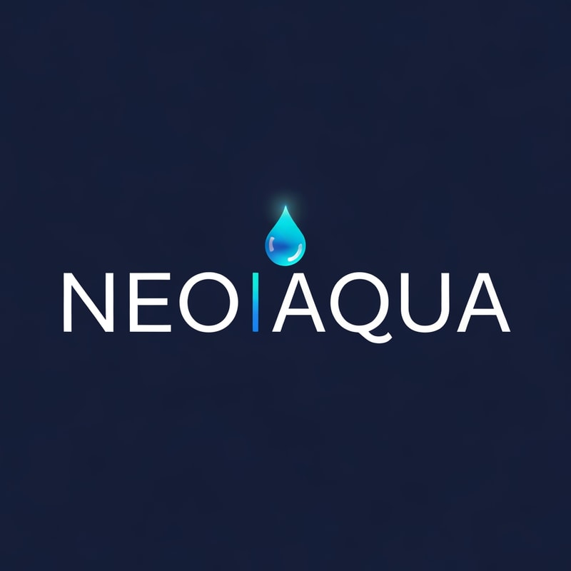 Design a sleek, modern logo where the name “NEO AQUA” reflects futuristic purity. Use smooth sans-serif typography with clean spacing. Integrate a glowing aqua-blue droplet above or within the O, representing advanced filtration and clarity. The color palette should combine deep navy (#042A4A) with bright aqua gradients (#3FD5F5) for a crisp, premium feel. Style must suggest innovation and trust.