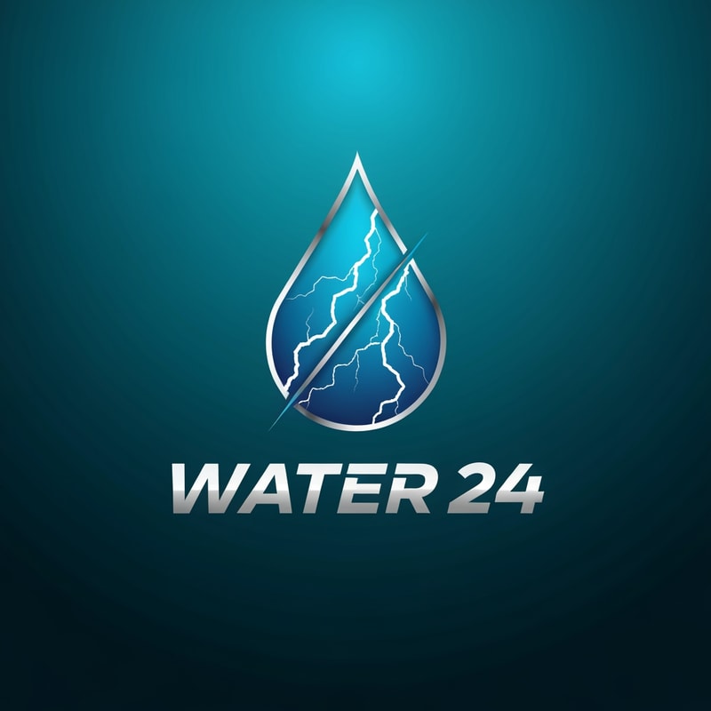 Design a bold emblem logo for WATER 24 shaped like a power droplet created using two diagonal lightning strokes.
Place “WATER 24” below the emblem in a high-tech, sharp sans-serif font.
Style: energetic, strong, modern.
Color palette: electric blue, metallic silver, white.
Make it suitable for premium bottle labels.
Background: deep aqua with subtle shine.