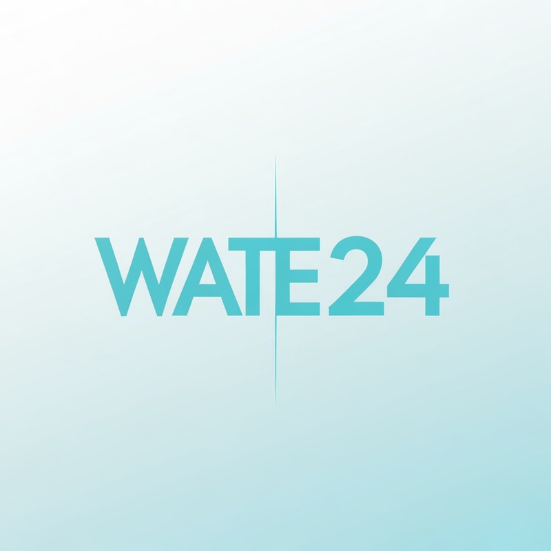 Create a modern wordmark for WATER 24 separated by a vertical lightning bar.
Left side: WATER in strong geometric typography.
Right side: “24” in a sharp tech-numeric style.
Minimal, clean, and powerful brand presence.
Use aqua-blue colors with white tones.
Vector, high contrast, suitable for packaging.
Background: clean white or soft blue gradient.