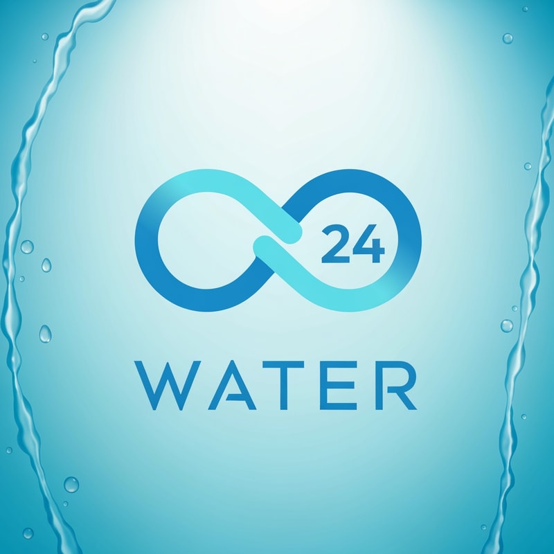 Create a sleek, minimal logo for a packaged drinking water brand named WATER 24.
Design a stylized infinity loop that visually resembles a water drop — smooth curves, fluid shape, and continuous flow.
Place the number “24” neatly inside the infinity-water-drop icon, symbolizing purity available 24 hours.
Below the icon, place the word “WATER” in a futuristic, geometric, premium wordmark with perfect spacing.
Maintain a lightweight, minimal, perfectly balanced composition.

Color palette:
• pure blue
• soft cyan
• crisp white accents

Design rules:
• Ultra-clean vector style
• No shadows
• No 3D effects
• Smooth edges, perfect symmetry
• Professional FMCG bottled-water branding look

Background:
• glassy aqua gradient
• subtle water-texture feel
• bright, premium, high-quality finish