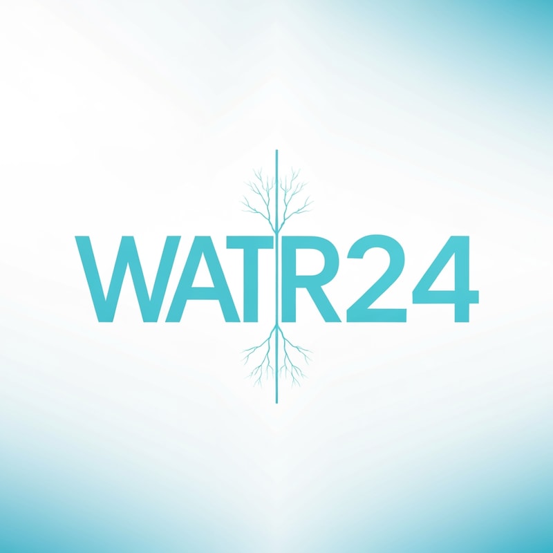 Create a modern wordmark for WATER 24 separated by a vertical lightning bar.
Left side: WATER in strong geometric typography.
Right side: “24” in a sharp tech-numeric style.
Minimal, clean, and powerful brand presence.
Use aqua-blue colors with white tones.
Vector, high contrast, suitable for packaging.
Background: clean white or soft blue gradient.