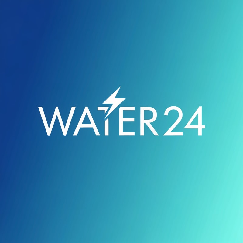 Create a premium modern logo for a packaged drinking water brand named WATER 24.
Design a sharp geometric wordmark where the letter T subtly transforms into a lightning bolt.
Keep the typography futuristic, minimal, and high-precision.
Design “24” as a clean numeric block aligned with the energy theme.
Use aqua-blue and electric-blue tones, with white highlights.
Include perfect kerning, smooth edges, and a professional FMCG bottled-water aesthetic.
Background: smooth gradient deep blue → light aqua.
Ultra-sharp vector style, no shadows, no clutter.