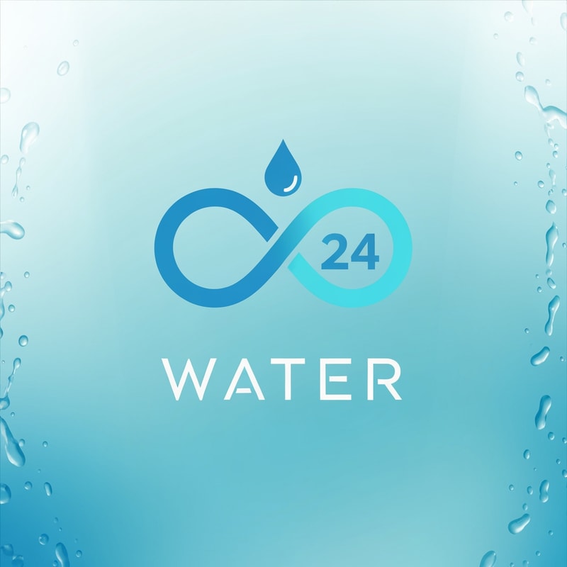 Create a sleek, minimal logo for a packaged drinking water brand named WATER 24.
Design a stylized infinity loop that visually resembles a water drop — smooth curves, fluid shape, and continuous flow.
Place the number “24” neatly inside the infinity-water-drop icon, symbolizing purity available 24 hours.
Below the icon, place the word “WATER” in a futuristic, geometric, premium wordmark with perfect spacing.
Maintain a lightweight, minimal, perfectly balanced composition.

Color palette:
• pure blue
• soft cyan
• crisp white accents

Design rules:
• Ultra-clean vector style
• No shadows
• No 3D effects
• Smooth edges, perfect symmetry
• Professional FMCG bottled-water branding look

Background:
• glassy aqua gradient
• subtle water-texture feel
• bright, premium, high-quality finish