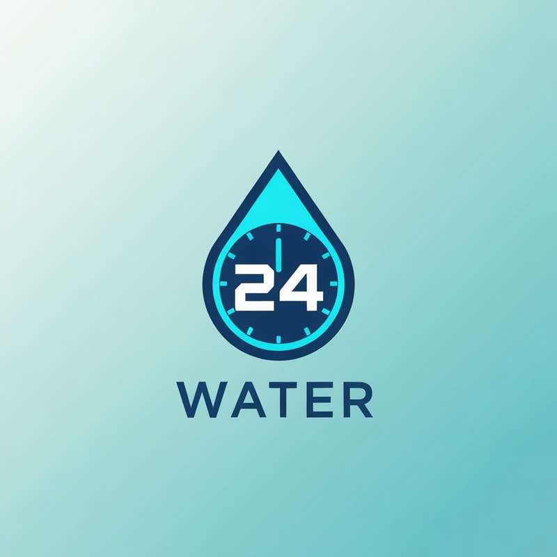 Create a modern logo for WATER 24 using a water drop shaped like a clock.
Inside the drop, place “24” using a bold, techno-style number design.
Outside the icon, add WATER in a clean, balanced wordmark.
Style: minimal, futuristic, premium hydration brand.
Use blues, cyan, and white.
Simple geometry, perfect symmetry, print-ready.
Background: soft aqua gradient.