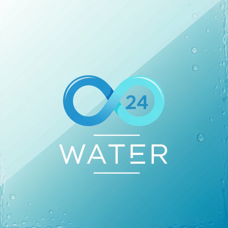 Create a sleek, minimal logo for a packaged drinking water brand named WATER 24.
Design a stylized infinity loop that visually resembles a water drop — smooth curves, fluid shape, and continuous flow.
Place the number “24” neatly inside the infinity-water-drop icon, symbolizing purity available 24 hours.
Below the icon, place the word “WATER” in a futuristic, geometric, premium wordmark with perfect spacing.
Maintain a lightweight, minimal, perfectly balanced composition.

Color palette:
• pure blue
• soft cyan
• crisp white accents

Design rules:
• Ultra-clean vector style
• No shadows
• No 3D effects
• Smooth edges, perfect symmetry
• Professional FMCG bottled-water branding look

Background:
• glassy aqua gradient
• subtle water-texture feel
• bright, premium, high-quality finish