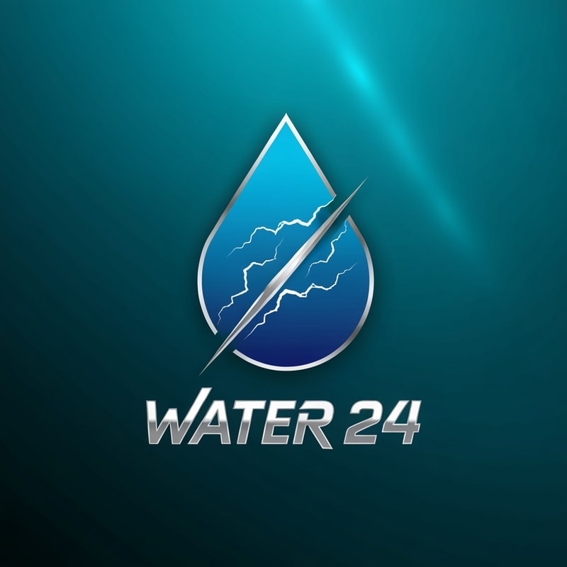 Design a bold emblem logo for WATER 24 shaped like a power droplet created using two diagonal lightning strokes.
Place “WATER 24” below the emblem in a high-tech, sharp sans-serif font.
Style: energetic, strong, modern.
Color palette: electric blue, metallic silver, white.
Make it suitable for premium bottle labels.
Background: deep aqua with subtle shine.
