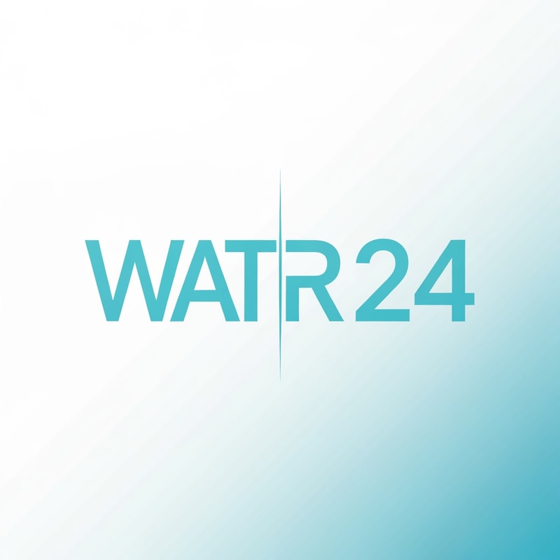 Create a modern wordmark for WATER 24 separated by a vertical lightning bar.
Left side: WATER in strong geometric typography.
Right side: “24” in a sharp tech-numeric style.
Minimal, clean, and powerful brand presence.
Use aqua-blue colors with white tones.
Vector, high contrast, suitable for packaging.
Background: clean white or soft blue gradient.