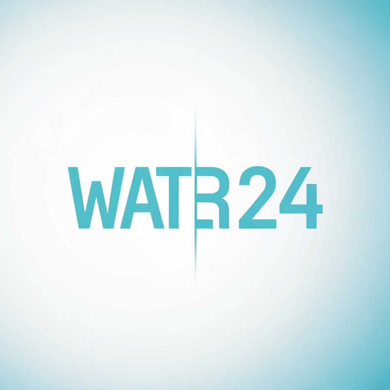 Create a modern wordmark for WATER 24 separated by a vertical lightning bar.
Left side: WATER in strong geometric typography.
Right side: “24” in a sharp tech-numeric style.
Minimal, clean, and powerful brand presence.
Use aqua-blue colors with white tones.
Vector, high contrast, suitable for packaging.
Background: clean white or soft blue gradient.