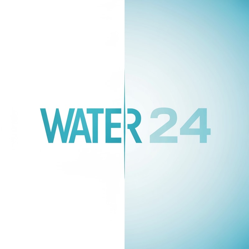 Create a modern wordmark for WATER 24 separated by a vertical lightning bar.
Left side: WATER in strong geometric typography.
Right side: “24” in a sharp tech-numeric style.
Minimal, clean, and powerful brand presence.
Use aqua-blue colors with white tones.
Vector, high contrast, suitable for packaging.
Background: clean white or soft blue gradient.