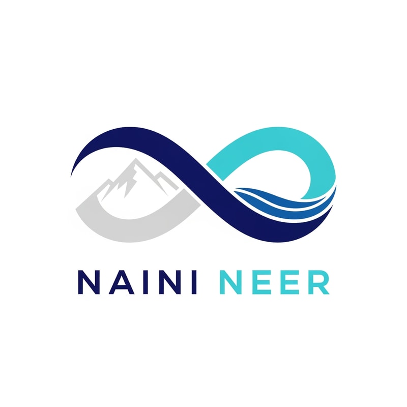 Create a premium vector logo for the brand “NAINI NEER”.

Concept: combine a mountain silhouette and a water wave to form an abstract infinity symbol (∞).  
Left loop: minimal mountain shape.  
Right loop: smooth water wave curve.  
Symbol represents endless purity, natural origin, and continuous water flow from lakes.

Style: high-end, minimalistic, geometric symmetry.  
Color palette: deep blue, aqua blue, light silver-gray.  
Typography: bold modern sans-serif “NAINI NEER”, balanced and stable.  
Background: pure white.  
No shadows, no textures, no 3D.  
Final output should feel innovative, premium, and iconic.