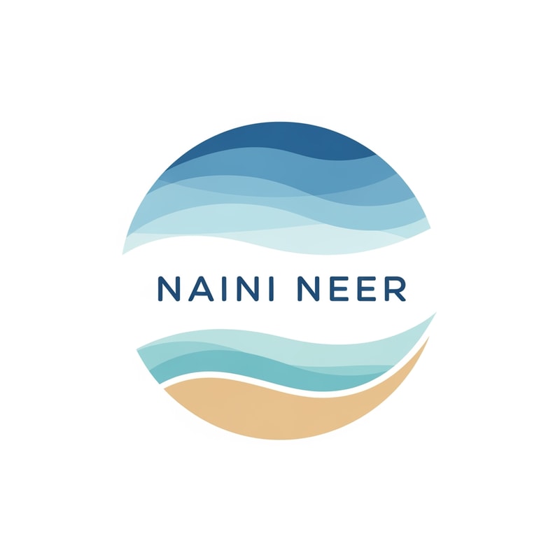 Create a modern flat vector logo for the name “NAINI NEER”.

Concept: circular emblem inspired by the top view of Naini Lake.  
Inside the circle: layered soft wave textures and a smooth shoreline curve.  
Symbol should convey calm water, nature, and purity.

Style: professional, minimal, geometric, highly balanced.  
Color palette: lake blue, aqua blue, soft gradients only if extremely subtle.  
Typography: clean sans-serif for “NAINI NEER”, slightly rounded edges.  
Background: pure white.  
No shadows or 3D.  
Overall look should feel friendly, trustworthy, and suitable for a water-based brand.