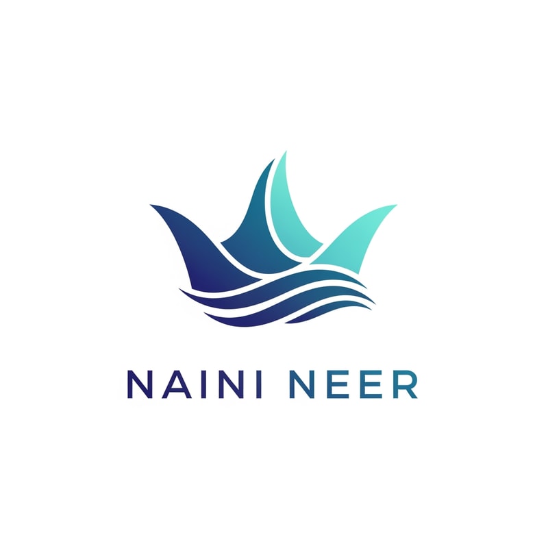 Create a premium flat vector logo for the brand “NAINI NEER”.

Concept: three smooth curved wave shapes forming a crown-like symbol.  
Waves should represent Naini Lake water, purity, and elegance.  
Use dynamic, flowing lines that give a modern, energetic effect while still appearing minimal.

Style: flat vector, clean outlines, balanced symmetry, highly professional.  
Color palette: deep blue + aqua gradients (very subtle).  
Typography: bold modern sans-serif “NAINI NEER”, spaced evenly.  
Background: pure white.  
No shadows or textures.  
Final logo should feel premium, fast-moving, and fresh.