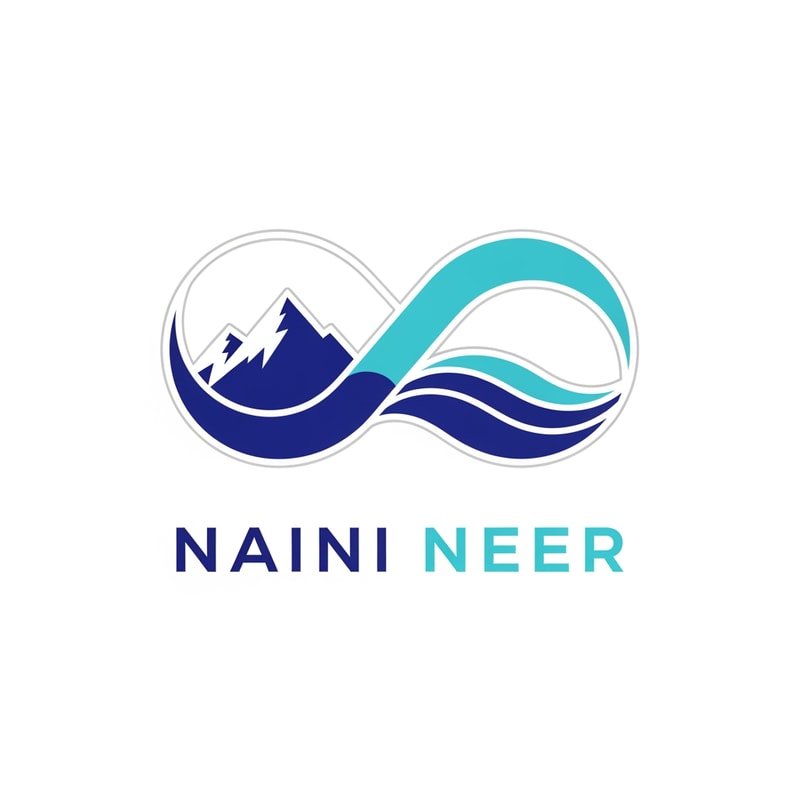 Create a premium vector logo for the brand “NAINI NEER”.

Concept: combine a mountain silhouette and a water wave to form an abstract infinity symbol (∞).  
Left loop: minimal mountain shape.  
Right loop: smooth water wave curve.  
Symbol represents endless purity, natural origin, and continuous water flow from lakes.

Style: high-end, minimalistic, geometric symmetry.  
Color palette: deep blue, aqua blue, light silver-gray.  
Typography: bold modern sans-serif “NAINI NEER”, balanced and stable.  
Background: pure white.  
No shadows, no textures, no 3D.  
Final output should feel innovative, premium, and iconic.