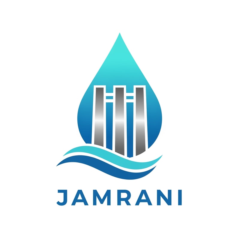 Generate a high-end vector logo for the brand name “JAMRANI”.  
Concept: a water drop containing a stylized dam gate structure inside it.  
Inside the drop, include three vertical dam gates or barrier lines representing strength and water control.  
Below the drop, add two smooth water-wave lines indicating flow.  
Design style: ultra-clean vector, modern, engineering-based, corporate identity.  
Color palette: aqua blue, sky blue, and metallic grey tones.  
Typography: bold uppercase sans-serif aligned perfectly under the symbol.  
Ensure perfect symmetry, sharp geometry, and minimalism.  
No gradients unless extremely subtle, no backgrounds, no noise, no textures.  
Output: logo must look professional, reliable, and suitable for a water infrastructure brand.