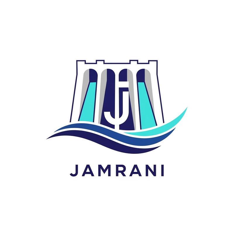 Create a premium vector logo for the brand name “JAMRANI”.  
Design concept: inspired by Jamrani Dam in India.  
Include a clean geometric dam structure as the central symbol with three minimal arches, strong straight lines, and a modern engineering feel.  
Add flowing water waves below the dam in a smooth, elegant style.  
Integrate the letter “J” subtly into the dam silhouette without making it cartoonish.  
Color palette: deep blue, aqua blue, and light grey.  
Style: highly professional, minimal, flat vector, clean outlines, no clutter.  
Typography: bold, modern sans-serif font with strong stability.  
Background: pure white.  
Logo should look suitable for engineering projects, water treatment, and dam-based identity.  
No shadows, no gradients unless extremely subtle.  
High-resolution, sharp edges, perfect symmetry.