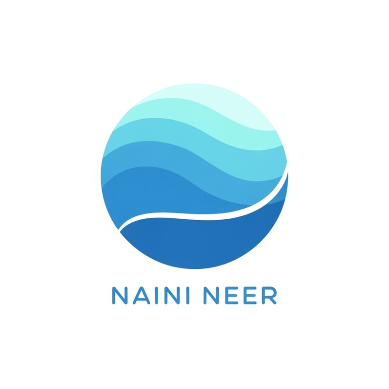 Create a modern flat vector logo for the name “NAINI NEER”.

Concept: circular emblem inspired by the top view of Naini Lake.  
Inside the circle: layered soft wave textures and a smooth shoreline curve.  
Symbol should convey calm water, nature, and purity.

Style: professional, minimal, geometric, highly balanced.  
Color palette: lake blue, aqua blue, soft gradients only if extremely subtle.  
Typography: clean sans-serif for “NAINI NEER”, slightly rounded edges.  
Background: pure white.  
No shadows or 3D.  
Overall look should feel friendly, trustworthy, and suitable for a water-based brand.