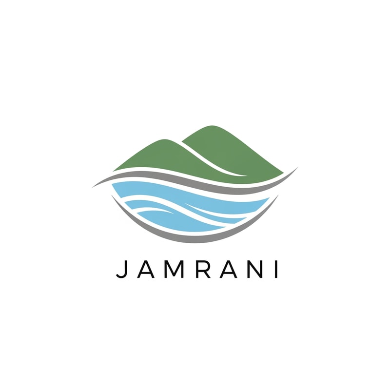 Design a modern vector logo for the brand “JAMRANI”, inspired by the Jamrani Dam reservoir and the surrounding natural landscape.  
Main elements: two soft hills, a smooth curved reservoir line, and a clear water body forming the base of the logo.  
Use elegant flowing shapes to represent calm water stored behind the dam.  
Style direction: premium, eco-friendly, minimalistic, balanced composition.  
Colors: pastel blue for water, forest green for hills, and neutral grey for outlines.  
Typography: slender, premium sans-serif typeface that complements nature-based themes.  
Symbol should communicate purity, water conservation, trust, and stability.  
Background clean white.  
No text effects, no 3D, no shadows.  
Deliver as flat vector illustration, crisp and modern.