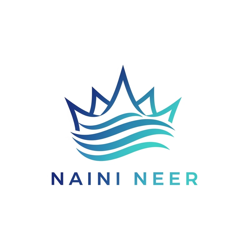 Create a premium flat vector logo for the brand “NAINI NEER”.

Concept: three smooth curved wave shapes forming a crown-like symbol.  
Waves should represent Naini Lake water, purity, and elegance.  
Use dynamic, flowing lines that give a modern, energetic effect while still appearing minimal.

Style: flat vector, clean outlines, balanced symmetry, highly professional.  
Color palette: deep blue + aqua gradients (very subtle).  
Typography: bold modern sans-serif “NAINI NEER”, spaced evenly.  
Background: pure white.  
No shadows or textures.  
Final logo should feel premium, fast-moving, and fresh.