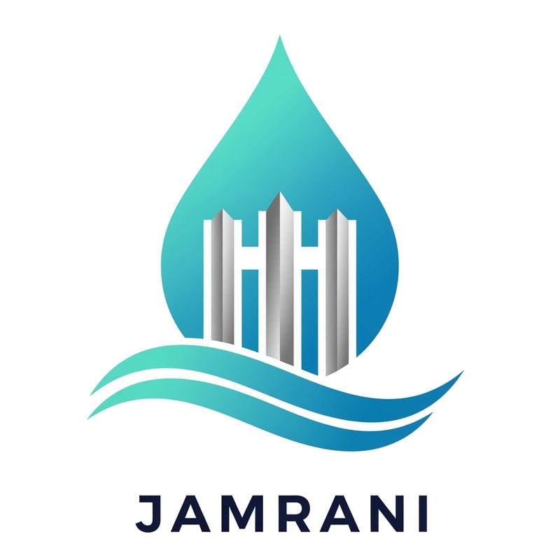Generate a high-end vector logo for the brand name “JAMRANI”.  
Concept: a water drop containing a stylized dam gate structure inside it.  
Inside the drop, include three vertical dam gates or barrier lines representing strength and water control.  
Below the drop, add two smooth water-wave lines indicating flow.  
Design style: ultra-clean vector, modern, engineering-based, corporate identity.  
Color palette: aqua blue, sky blue, and metallic grey tones.  
Typography: bold uppercase sans-serif aligned perfectly under the symbol.  
Ensure perfect symmetry, sharp geometry, and minimalism.  
No gradients unless extremely subtle, no backgrounds, no noise, no textures.  
Output: logo must look professional, reliable, and suitable for a water infrastructure brand.