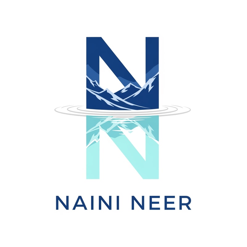Create a premium flat vector logo for the brand name “NAINI NEER”.

Design concept: a monogram using the letters “N” and “N”, arranged in a mirror-reflection style inspired by Naini Lake.  
Top “N” represents mountains and hills around Naini Lake.  
Bottom “N” appears as a subtle reflection, slightly lighter or thinner, symbolizing calm lake water.  
Place a smooth horizontal ripple line between the two N letters to represent the lake surface.

Style: minimal, modern, high-end, symmetrical, ultra-clean vector shapes.  
Color palette: deep lake blue, aqua blue, light grey.  
Typography: elegant bold sans-serif for “NAINI NEER”, stable and premium.  
Background: pure white.  
No shadows, no gradients unless extremely micro, no textures.  
Output must look luxurious and iconic, suitable for a premium bottled-water brand.