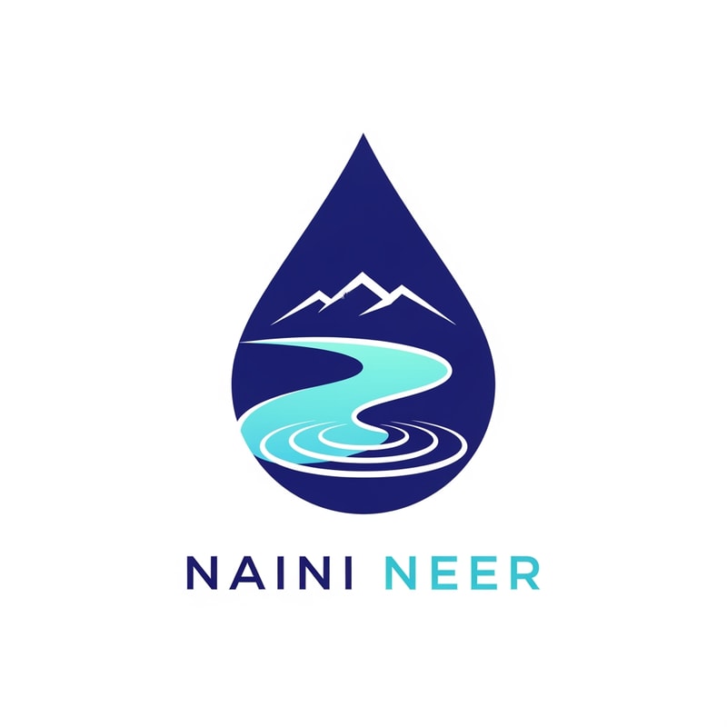 Create a premium vector logo for the brand name “NAINI NEER”.

Concept: a sleek geometric water drop that contains a calm lake curve inside it.  
Inside the drop, add one smooth horizon line and subtle ripple rings to symbolize Naini Lake.  
Optional: include a minimal mountain silhouette at the top of the drop, very clean and thin.

Style: modern, minimal, flat vector, soft curves, clean symmetrical layout.  
Color palette: deep blue, aqua blue, sky blue.  
Typography: clean modern sans-serif for “NAINI NEER”, soft but confident.  
Background: pure white.  
No shadows, no textures, no 3D.  
Overall feel: purity, nature, calm freshwater identity, high-quality brand.