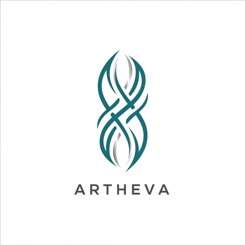 Create a premium abstract logo for a mineral water brand named “ARTHEVA”. Design a single continuous fluid line forming an organic sigil inspired by natural water flow and underground mineral streams. The symbol should feel calm, pure, and timeless. Avoid bottle or droplet shapes. Use smooth curves, balanced symmetry, and negative space. Color palette: deep aqua with subtle silver highlights. Clean white background. Modern luxury branding style. Vector, flat, minimal, scalable.