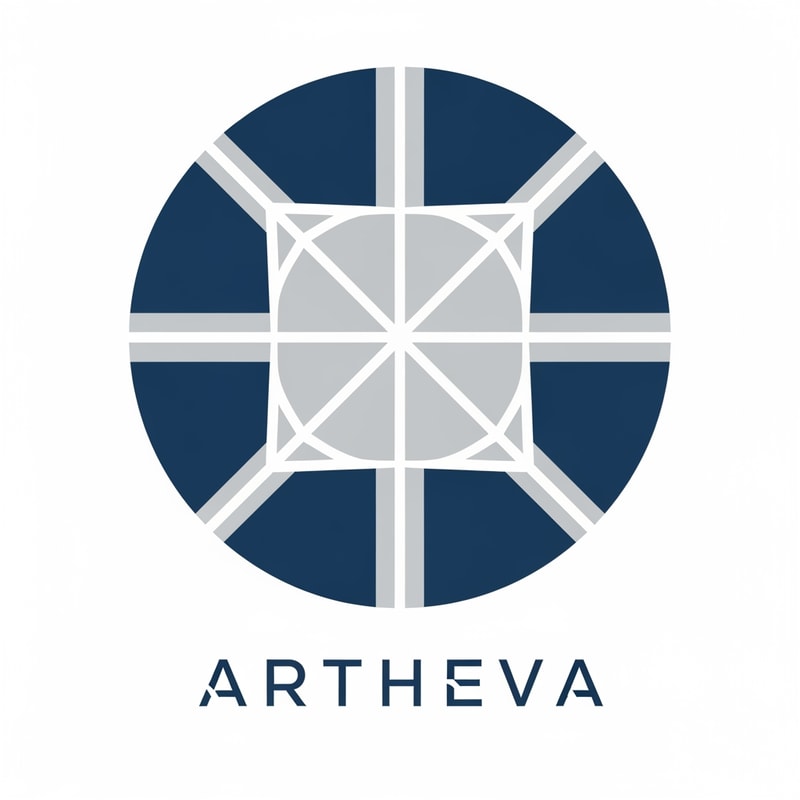 Design a premium abstract logo for ARTHEVA using a circular form split into clean geometric segments. No water, no bottle, no droplet. Use symmetry and negative space to represent origin and precision. Color palette: deep blue + soft silver. Flat vector style, scalable, luxury corporate identity. Minimal typography, modern sans-serif wordmark.