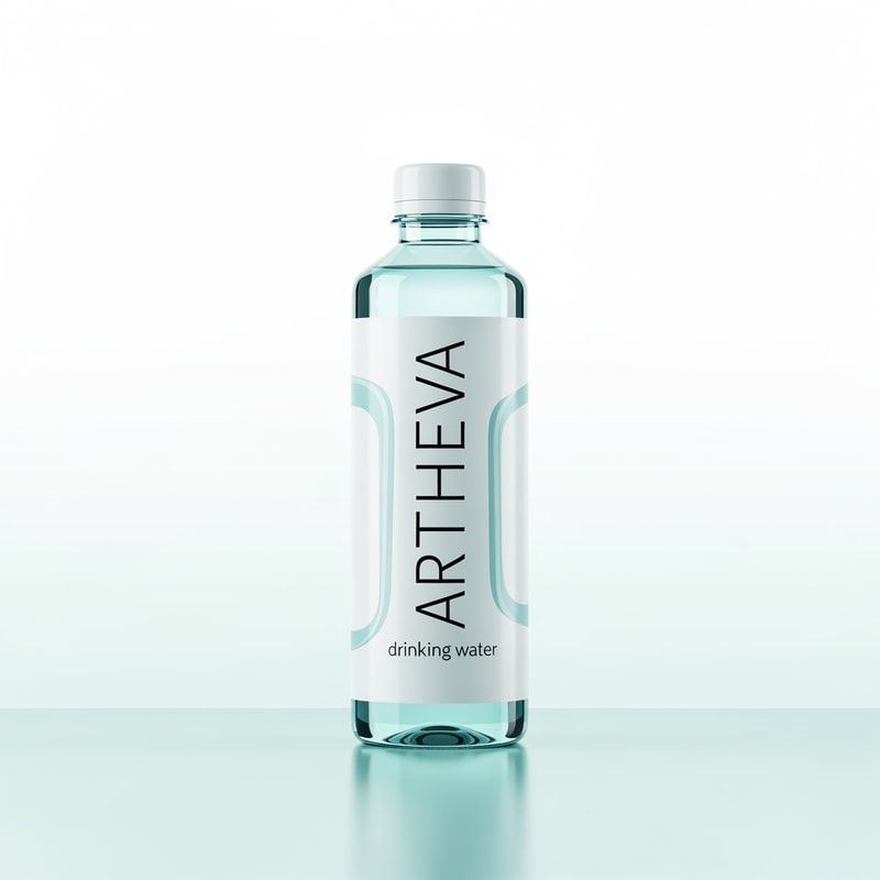 Create a high-end studio product image of an ARTHEVA packaged drinking water bottle, standing upright on a subtle reflective surface. Bottle design is clean and modern with soft aqua-blue tones, transparent PET bottle, minimal typography, and a matte white cap. Background is light gradient (white to pale aqua), soft studio lighting from both sides, gentle reflections, no harsh shadows. Label design uses thin serif + modern sans font combination, premium spacing, no clutter. Overall feel: pure, calm, clinical-grade cleanliness. 4K, commercial photography style, print-ready.