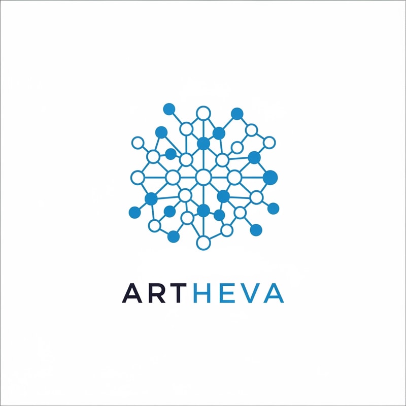 Design a logo for ARTHEVA using connected dots and lines arranged in a balanced abstract pattern, inspired by molecular structure but not literal. Clean, modern, tech-purity look. Blue-white palette. Flat vector.