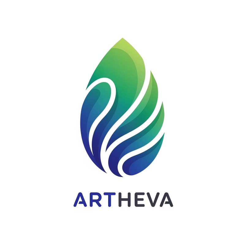 Design a modern logo for ARTHEVA where an abstract leaf-shaped outline encloses smooth flowing curves representing purified water movement. No droplet tip, no bottle shape. The inner flow lines should feel soft and fresh. Use gradient tones of deep blue + fresh green. Typography clean, rounded sans-serif, lowercase or mixed case. White background, flat vector, scalable for labels.